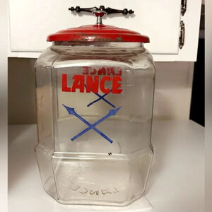 VTG 1950 LANCE Display Counter Cookie Cracker Glass Jar & Lid Canister Red RARE